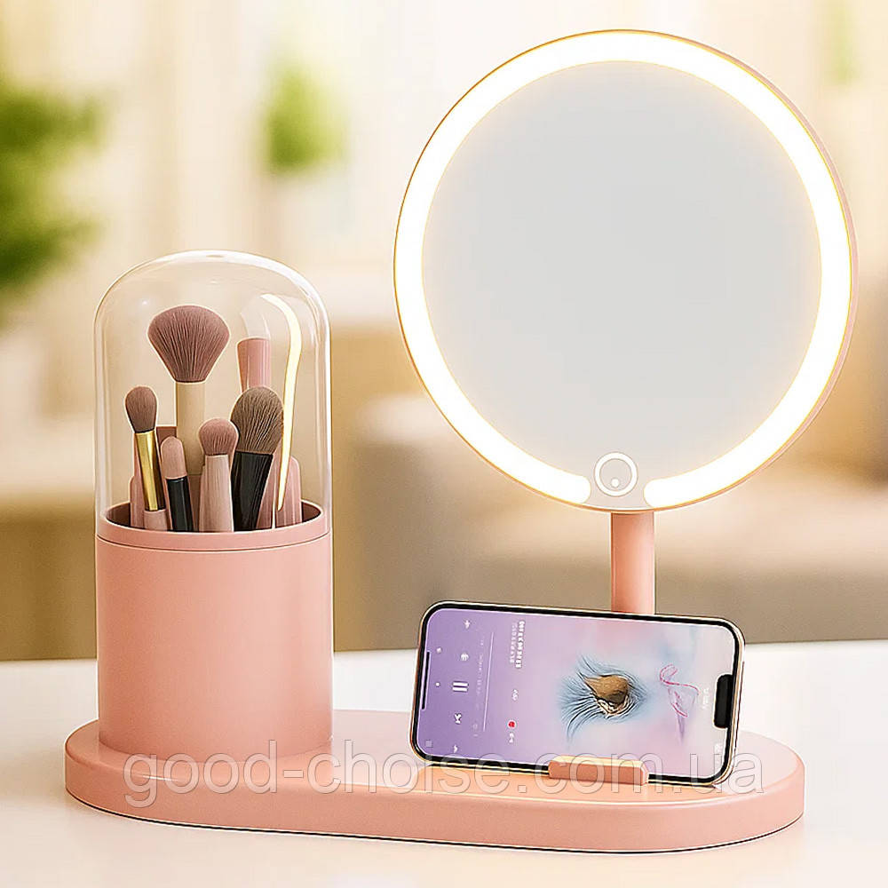 Рожеве настільне дзеркало з USB-підсвічуванням та підставкою для кистей / Косметичне дзеркало для макіяжу / Кругле дзеркало, фото 1