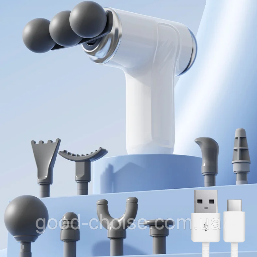 Перкусійний масажер з 9 насадками, USB-живлення / Масажний пістолет / Ручний масажер для тіла, фото 1