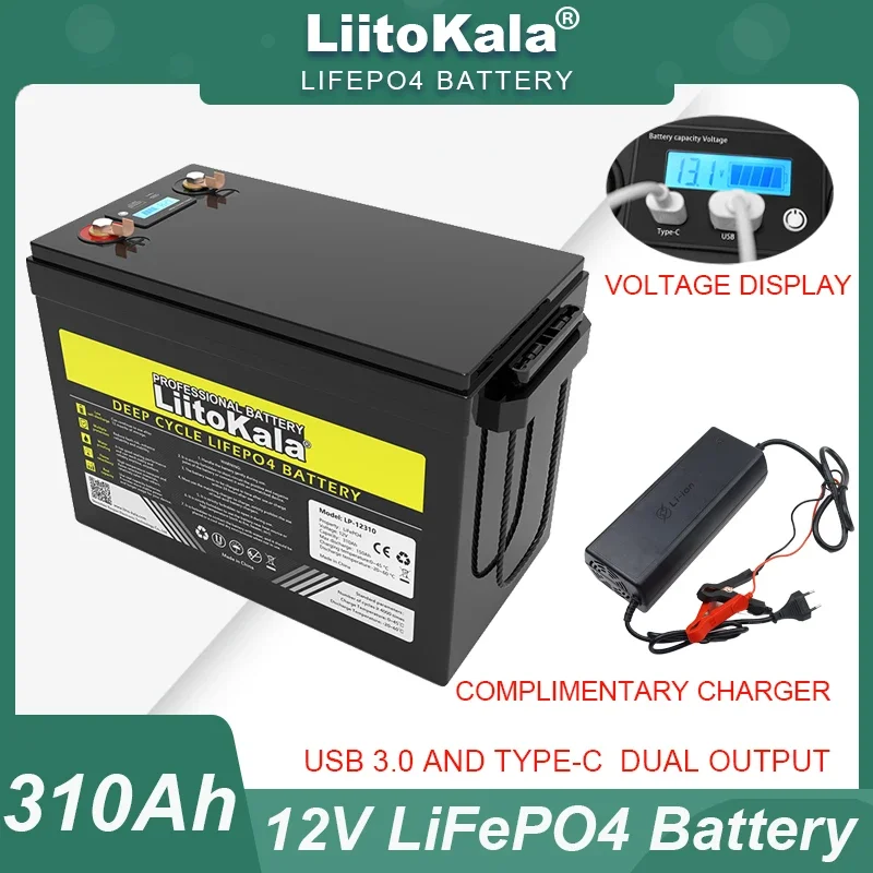 Акумулятор LiitoKala LiFePO4 12V 310 Ah LP-12310, LCD екран, USB + Type-C, фото 1