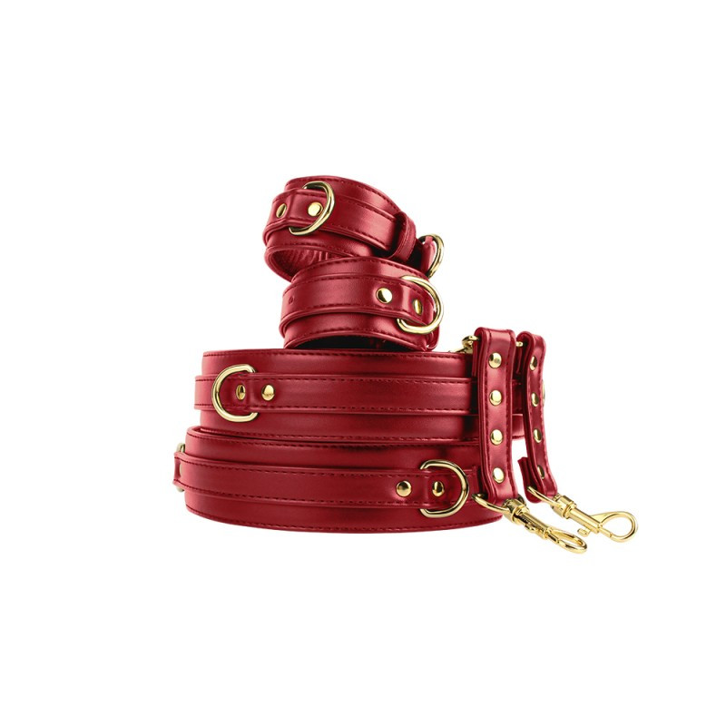 Комплект наручників та наножників з екошкіри червоний для фіксації зап'ясть до стегон в бдсм, фото 1