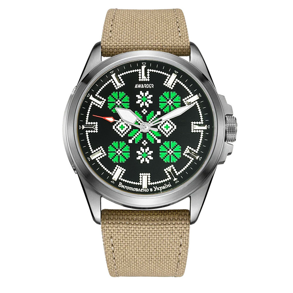 Awarder Embroidery Silver-Green Khaki Battery 10ATM, фото 1