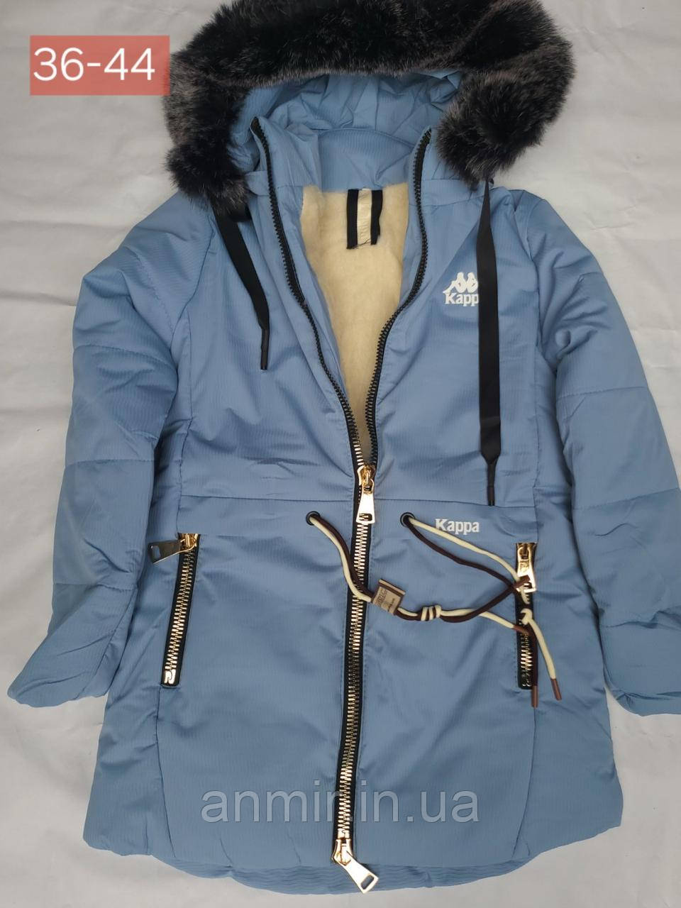 Куртка зимова підліткова з капюшоном на хутрі Kappa для дівчинки 8-12 років, синього кольору