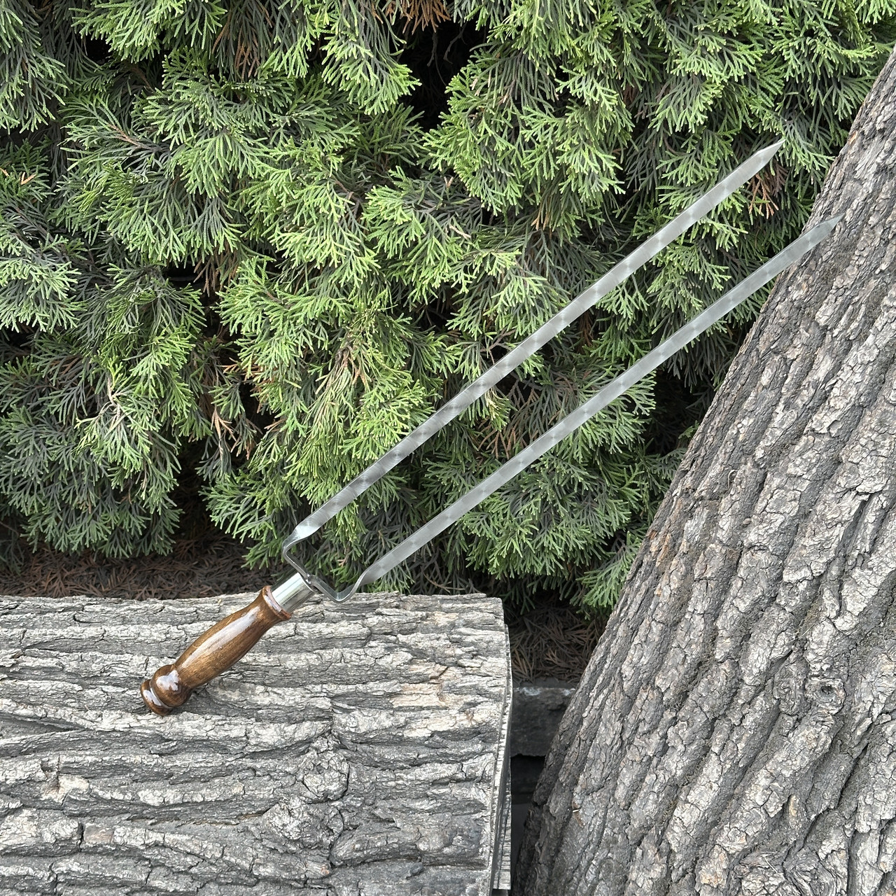 Подвійний шампур Mzavod з дерев'яною ручкою 630х12х3мм ретро, фото 1