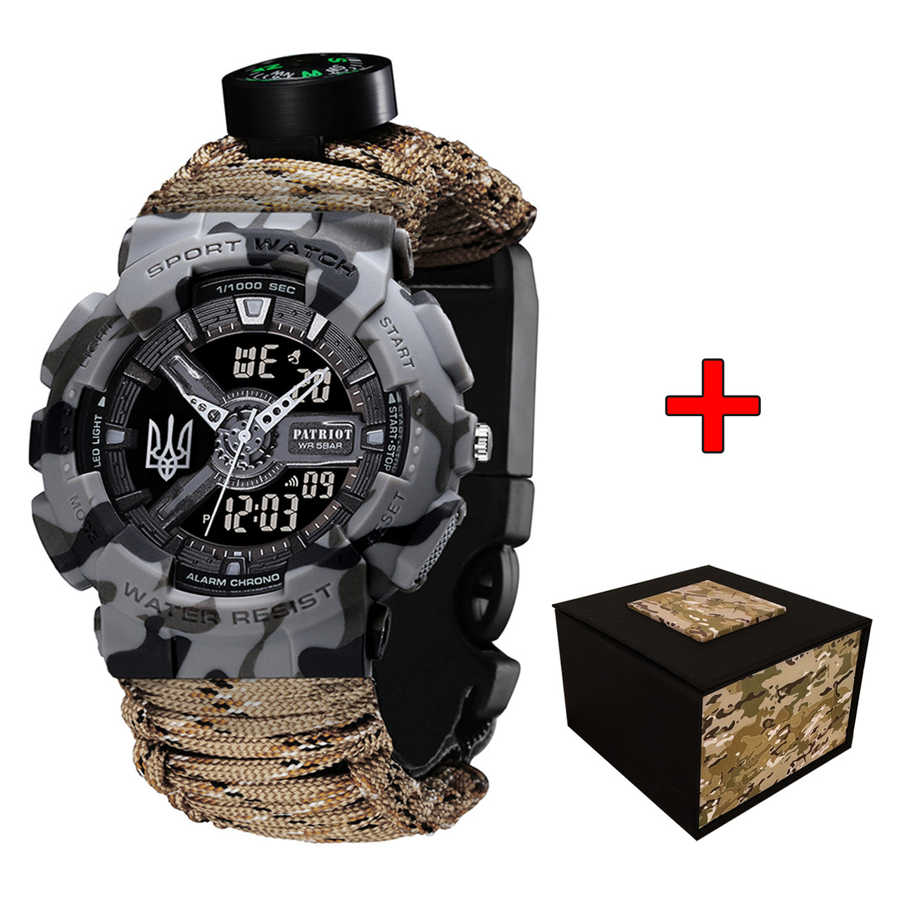 Patriot 005 Тризуб срібло Сірий камуфляж Паракордовий ремінець Desert Camo + Короб, фото 1