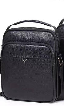 Чоловіча сумка чорна прямокутна на блискавці з кишенями з натуральної шкіри Liza