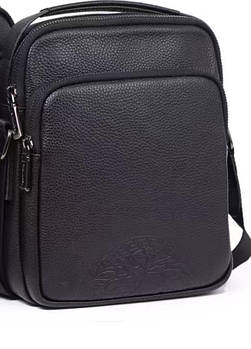 Чоловіча сумка чорна прямокутна на блискавці з кишенями з натуральної шкіри Liza