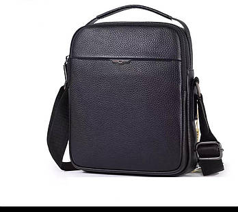 Чоловіча сумка чорна на блискавці з кишенями 22*20 см із натуральної шкіри Liza
