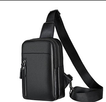 Чоловіча сумка чорна слінг на блискавці з кишенями з натуральної шкіри Liza