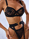 Жіночий комплект Intrigue набір спідньої білизни декорований кільцями та ланцюжками з поясом і гартерами чорний S, фото 5