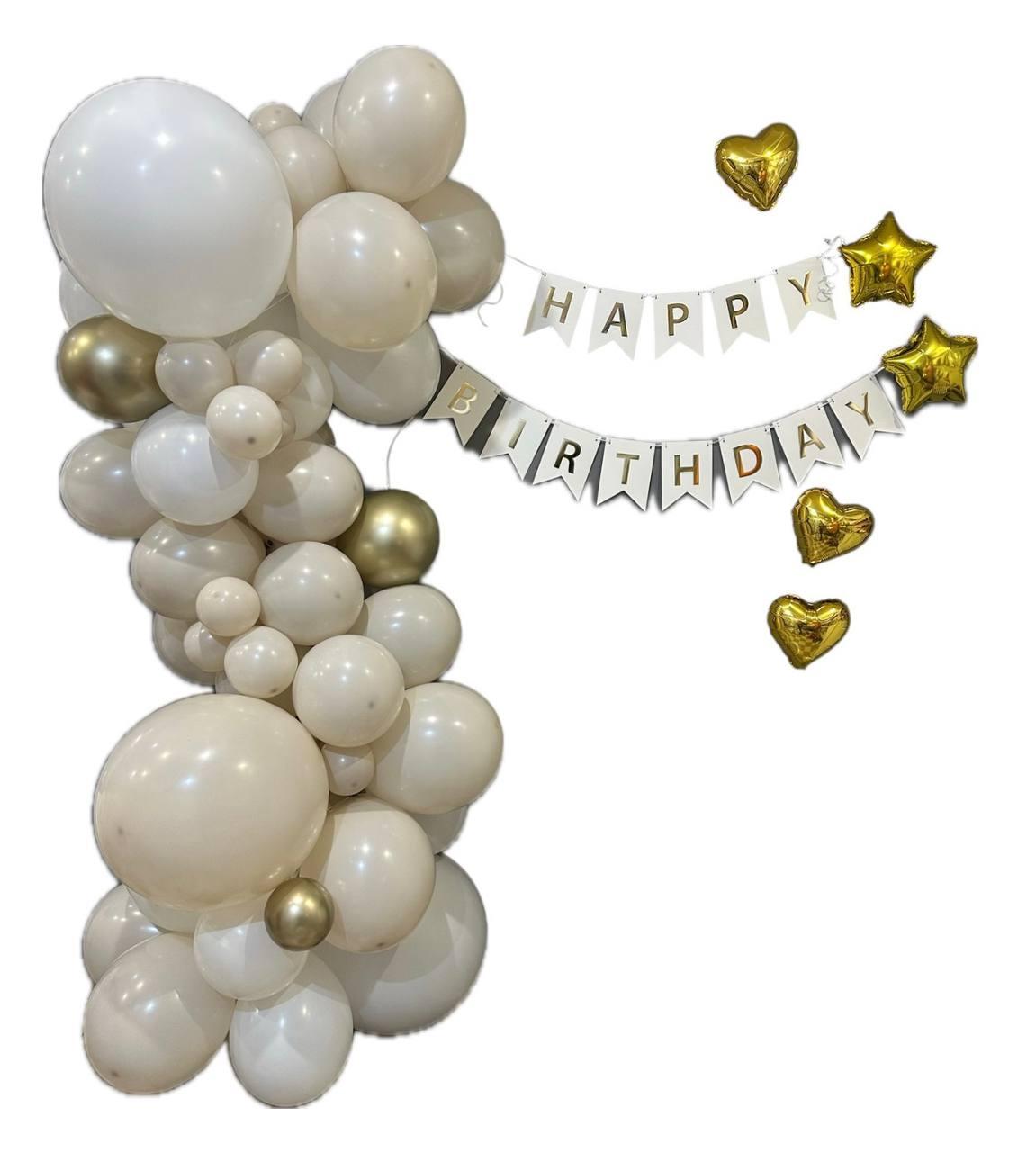 Фотозона “Happy Birthday” у біло-золотих тонах, латексні кулі Gemar, набір для оформлення свята
