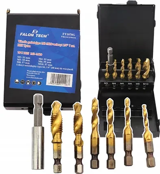 Професійний набір різьбонарізних свердел з адаптером HSS Falon-Tech FT1070G