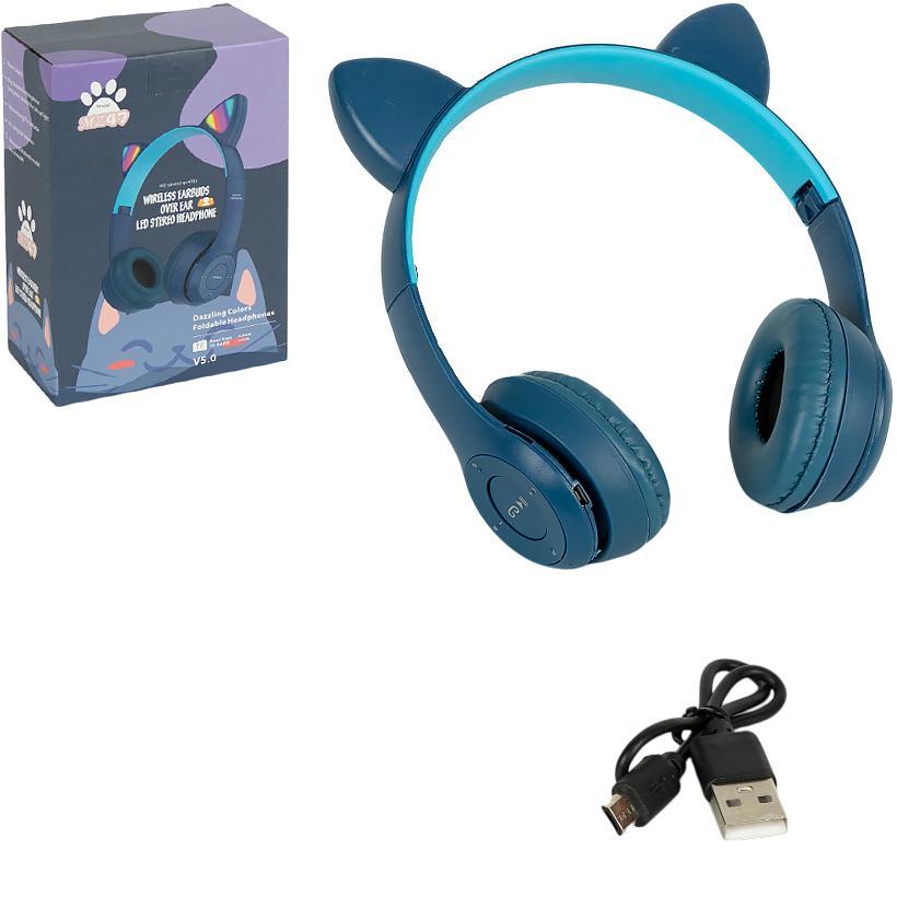 Навушники з вушками і LED-підсвічуванням бездротові накладні великі блютуз FM/TF для музики, сині, фото 1