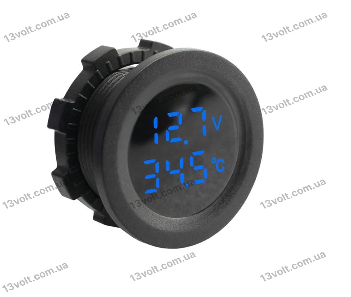 Вольтметр цифровий із датчиком температури DC 12-15V, синя підсвітка BJJ 2-17blue, фото 1