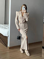 Женский демисезонный костюм короткий пиджак оригинального пошива на пуговицах и юбка-макси размеры 42-48