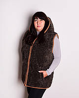 Жилетка женская коричневая 48-64р с капюшоном из овечьей шерсти