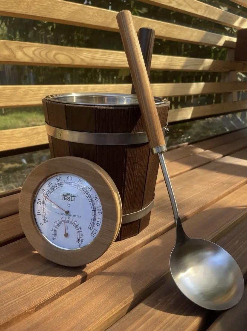 Набір №7 для лазні та сауни (черпак, шайка 5 л, термогігрометр), фото 1
