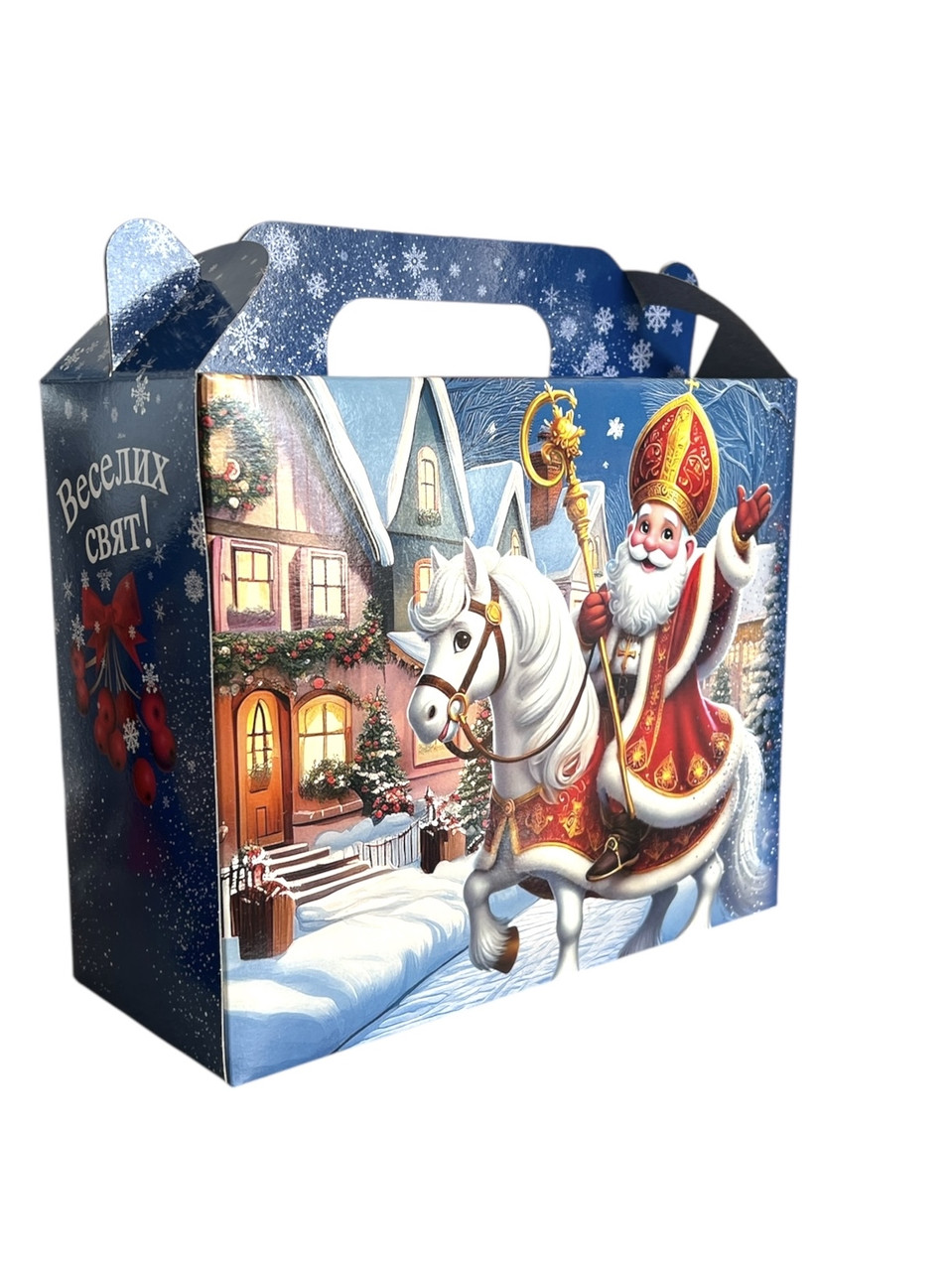 Новорічна Паперова коробка для цукерок до 1,5 кг Саквояж Миколай, фото 1