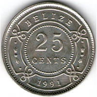 Монета Белиза 25 центів 1991 р