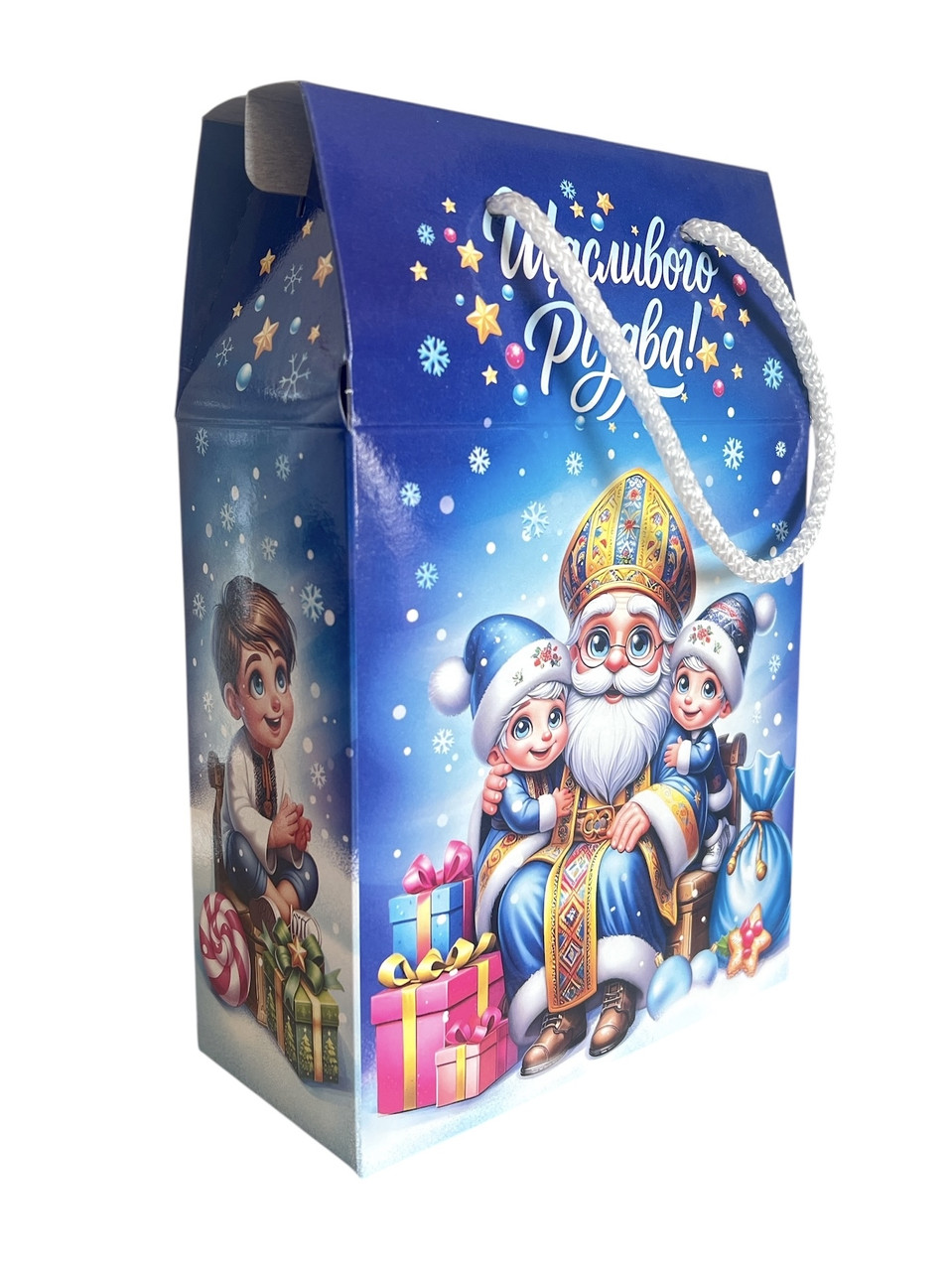 Новорічна коробка для цукерок до 800 г Миколай з ручкою шнурівкою, фото 1