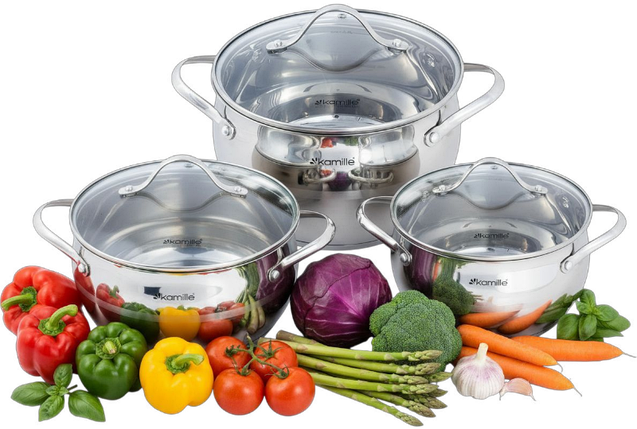 Набір каструль Kamille із нержавіючої сталі 6 предметів для індукції та газу (2.1л, 3.7л, 6.1л) KM-5911, фото 1
