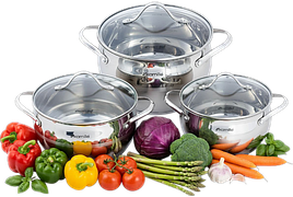 Набір каструль Kamille із нержавіючої сталі 6 предметів для індукції та газу (2.1л, 3.7л, 6.1л) KM-5911