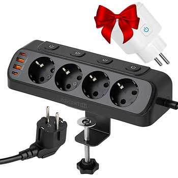 Мережевий фільтр 20Вт, 1.6м + Подарунок WiFi розетка 20А / Електричний подовжувач з тримачем для столу