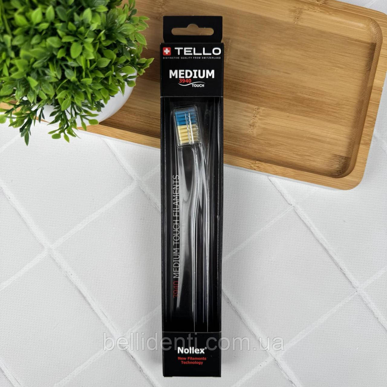 Зубна щітка Tello Medium 3940 (жовто-блакитний дизайн, чорна упаковка), 1 шт