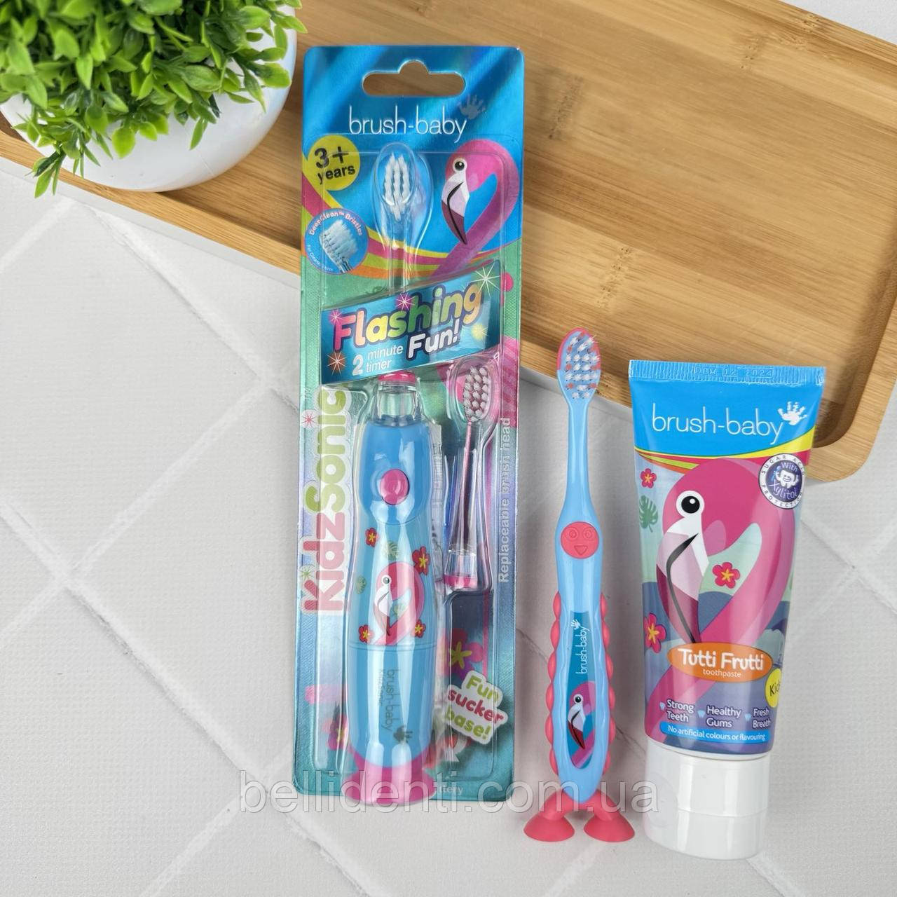 Набір Brush-Baby KidzSonic Floss Brush від 3 до 6 років (паста 50 мл тутті-фрутті + 2 зубні щітки на присосці), фрутті