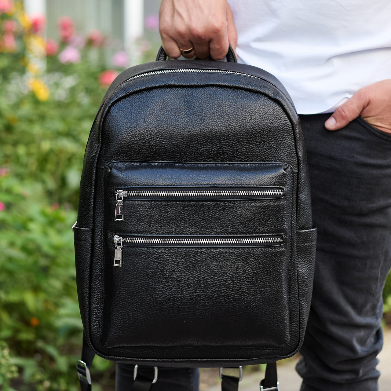 Міський чоловічий рюкзак із натуральної шкіри 41х30х17, наплічна сумка для ноутбука та документів, чорний, фото 1