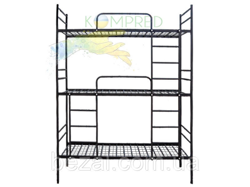 Ліжко металеве 3 ярусне армійське 1900х700х2500мм Чорне Kompred OL902 основа спального місця - сітка, фото 1