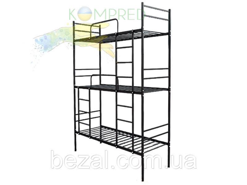 Ліжко металеве 3 ярусне армійське 2000х800х2500мм Чорне Kompred OL903/1 основа спального місця - мет. трубки, фото 1