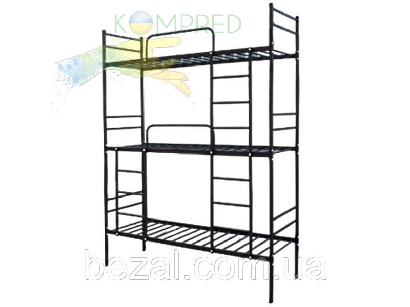 Ліжко металеве 3 ярусне армійське 1900х700х2500мм Чорне Kompred OL903 основа спального місця - мет. трубки, фото 1