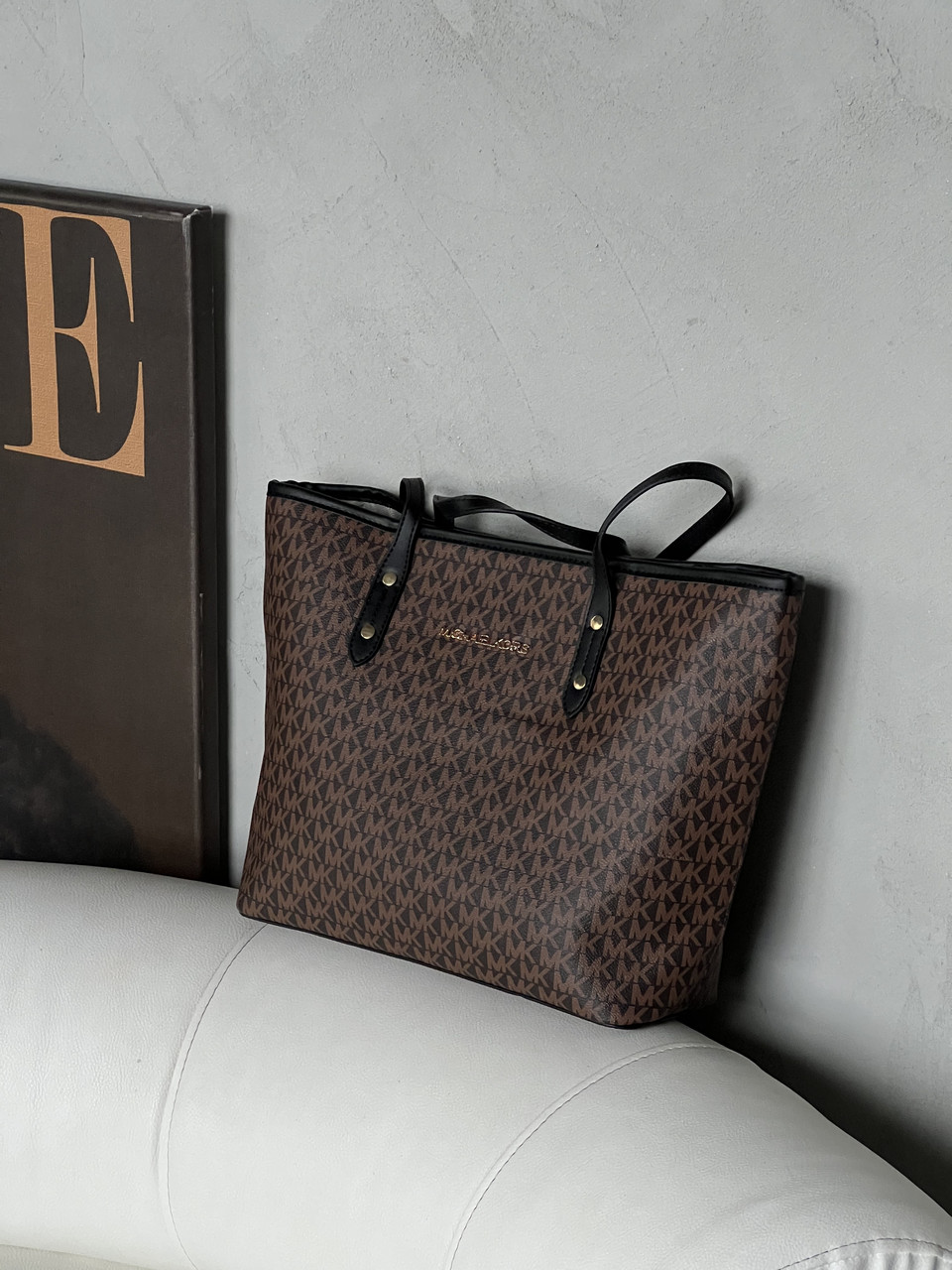 Сумка жіноча шопер Майкл Корс коричневий + чорні ручки на плече Michael Kors шопер, фото 1