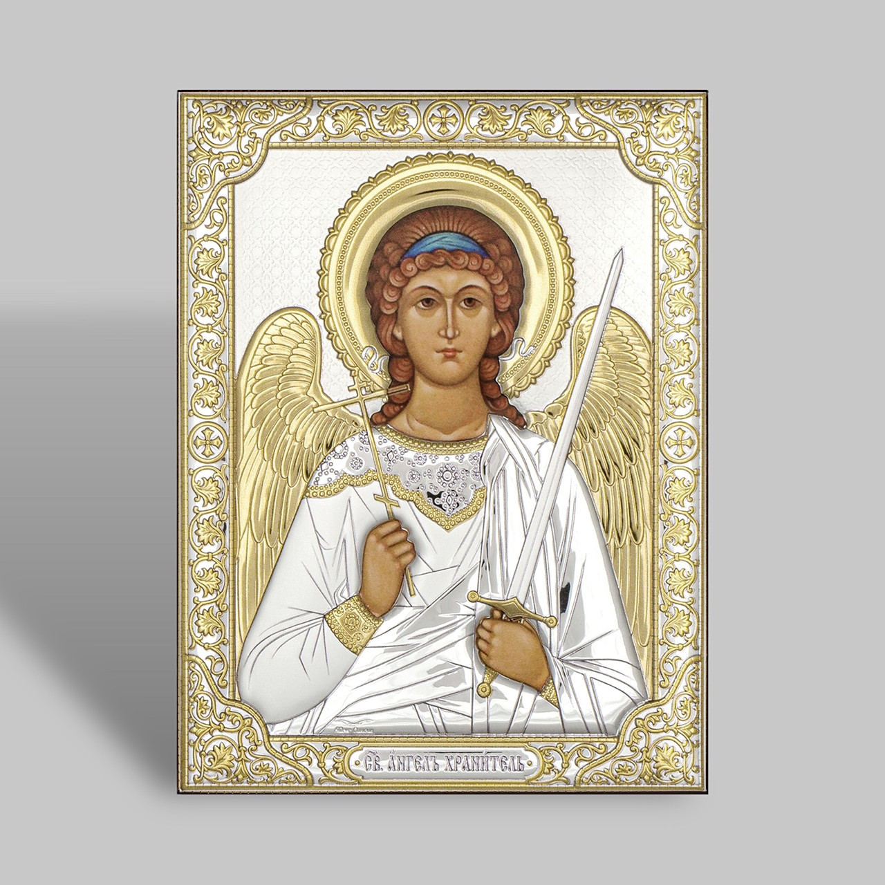 Срібна ікона 12х16 см Ангел Охоронець на дереві із Греції., фото 1