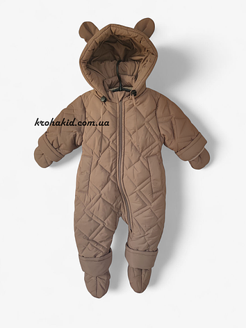 Зимовий дитячий теплий стьобаний комбінезон з пінетками та рукавичками для новонародженого розмір 68 74 80 86, фото 1