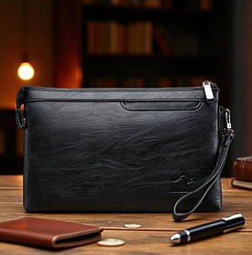 Великий чоловічий клатч барсетка Кенгуру, гаманець сумка на ремінці чорний