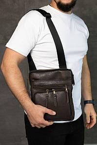 Месенджер із натуральної зернистої шкіри, шкіряна сумка через плече SKILL (коричнева)