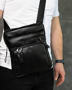 Месенджер із натуральної гладкої шкіри, шкіряна сумка через плече SKILL (чорна)