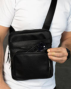 Месенджер із натуральної зернистої шкіри, шкіряна сумка через плече SKILL (чорна)