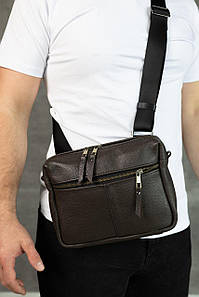Месенджер із натуральної зернистої шкіри, шкіряна сумка через плече SKILL (коричнева)
