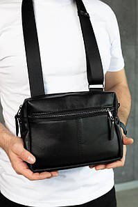 Месенджер із натуральної гладкої шкіри, шкіряна сумка через плече SKILL (чорна)