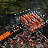 Решітка-гриль сітка для барбекю з дерев'яною ручкою 30х24.5х7 см (довжина з ручкою 57 см) Zauberg