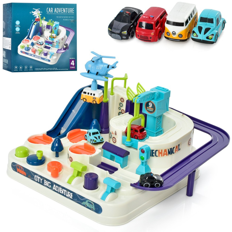 Дитячий ігровий набір "Трек" T802A 4 машинки, вертоліт, рухомі деталі, фото 1