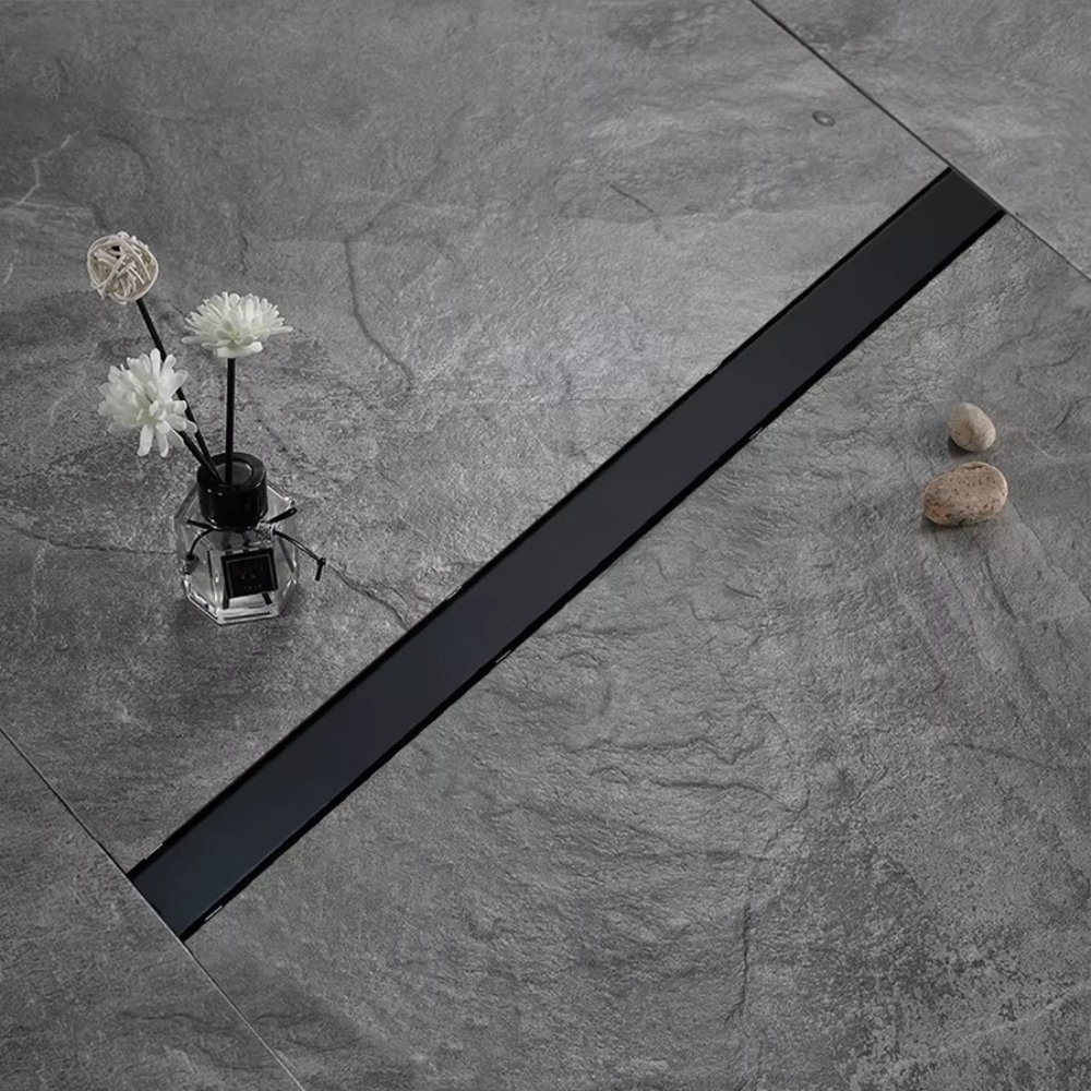 Трап для душу та ванної кімнати під плитку з нержавіючої сталі для зливу води, лінійний, підлоговий 90х6. 8х2 см,чорний, фото 1