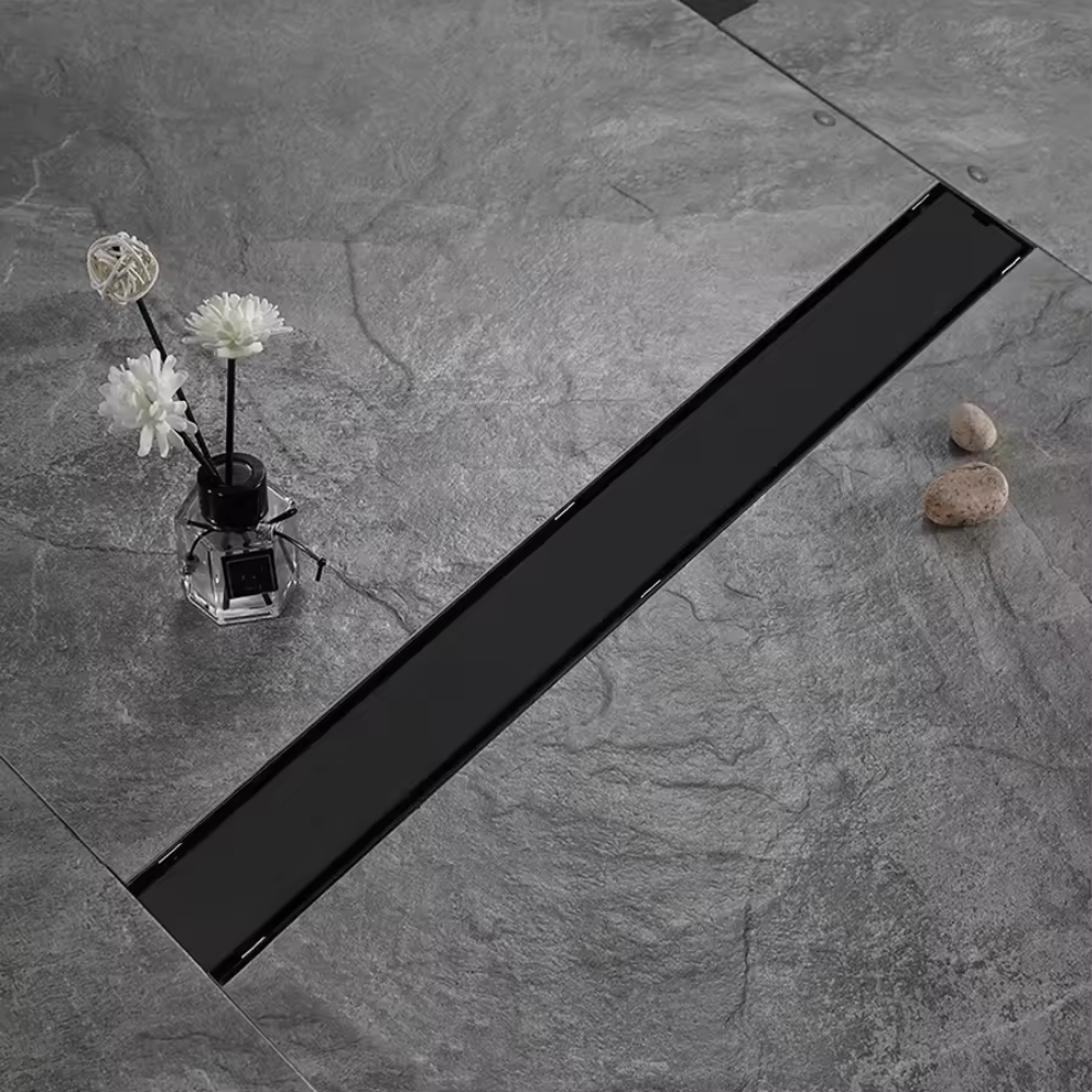 Трап для душу та ванної кімнати під плитку з нержавіючої сталі для зливу води, лінійний, підлоговий 60х6. 8х2 см,чорний, фото 1