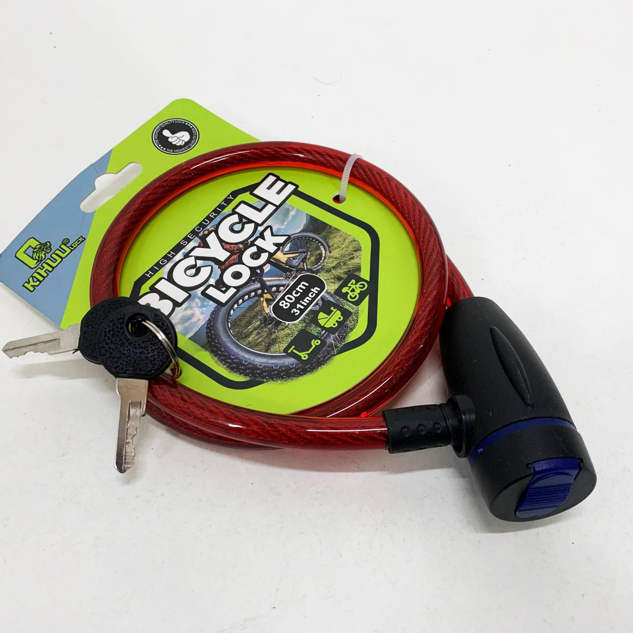 Замок велосипедний KIHUU LOCK 187, 10*80 тросовий, 2 ключі. Колір: червоний HU-79, фото 1