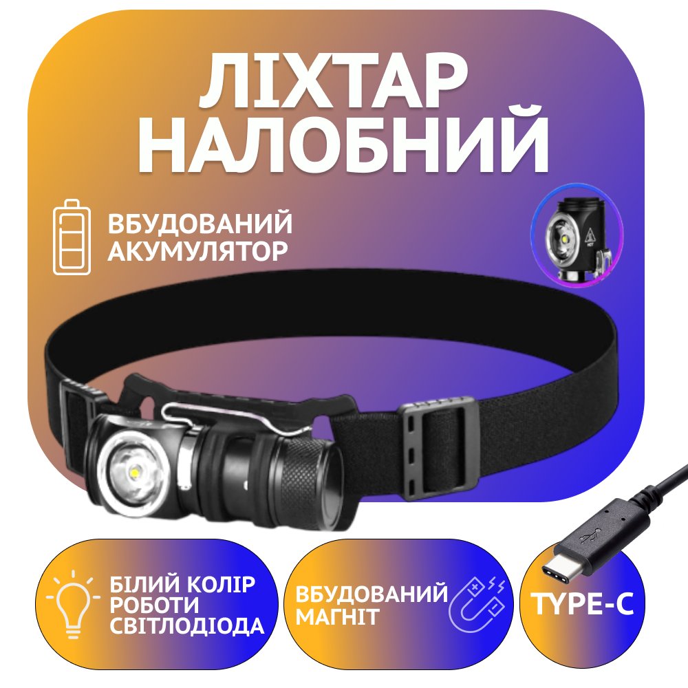 Налобний ліхтар Police PL-248, магніт, акум, Type-C, фото 1