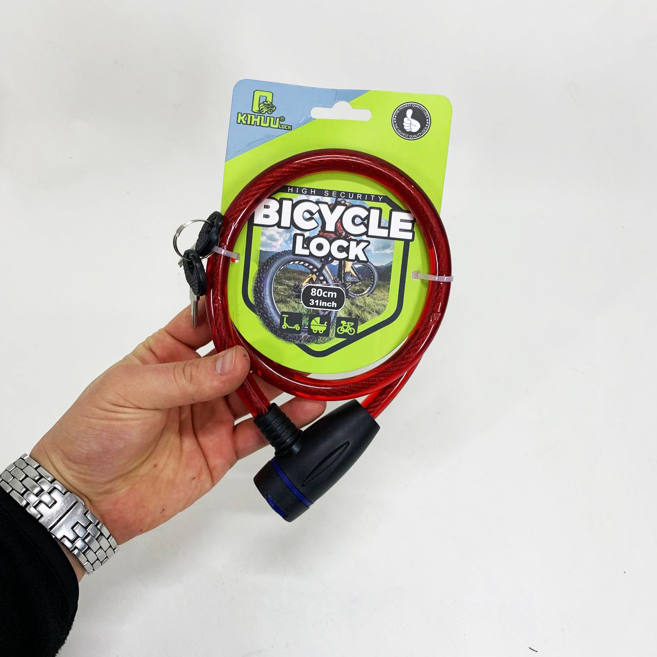 Замок велосипедний KIHUU LOCK 187, 12*80 тросовий, 2 ключі. Колір: червоний EH-35