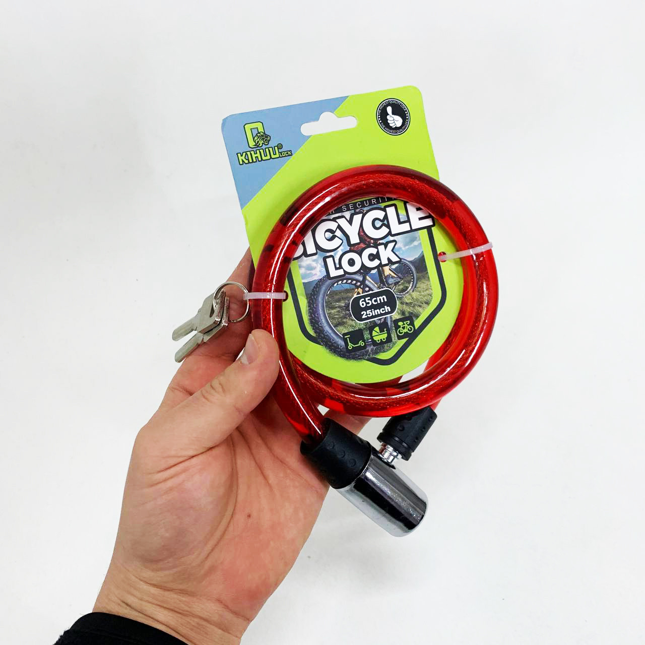 Замок велосипедний KIHUU LOCK 185, 15*65 тросовий, 2 ключі. Колір: червоний TR-96