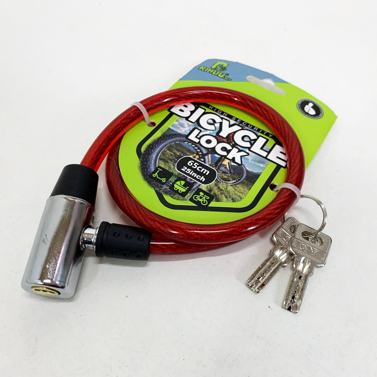 Замок велосипедний KIHUU LOCK 185, 10*65 тросовий, 2 ключі. Колір: червоний IH-54